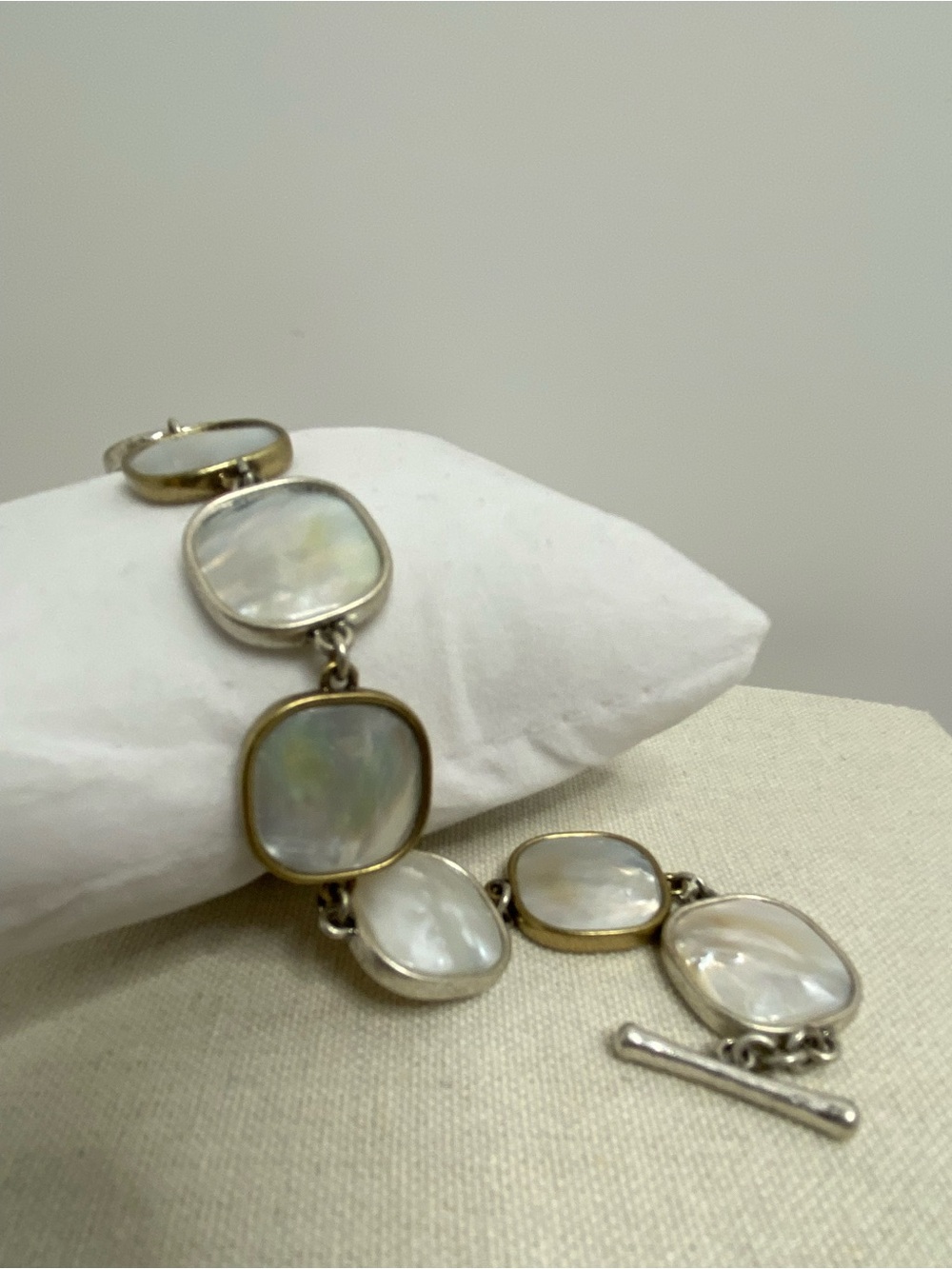 J. Jill Mother of Pearl Link Bracelet Two Tone Silver And Gold Toggle Clasp